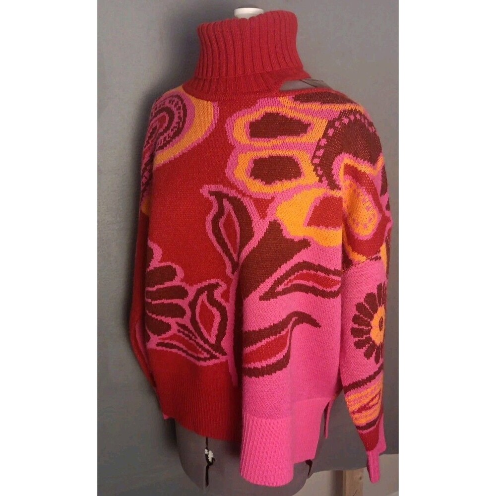 FARM RIO Cutout Asymmetrical Knit Pink Floral Turtleneck Wool Blend Sweater-XS